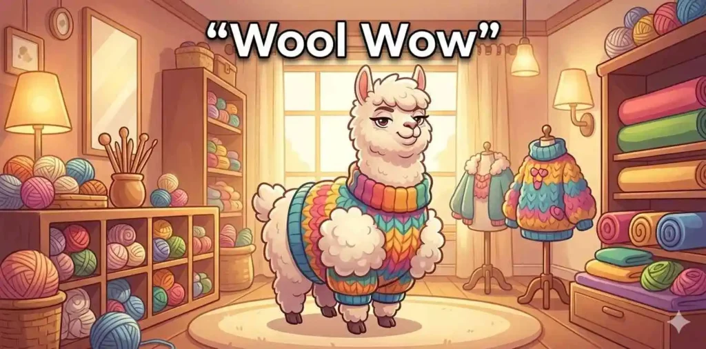 Alpaca wearing colorful wool sweater.