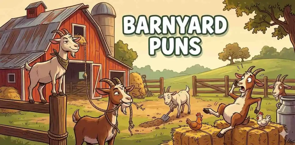 Cartoon goats causing funny chaos in barnyard