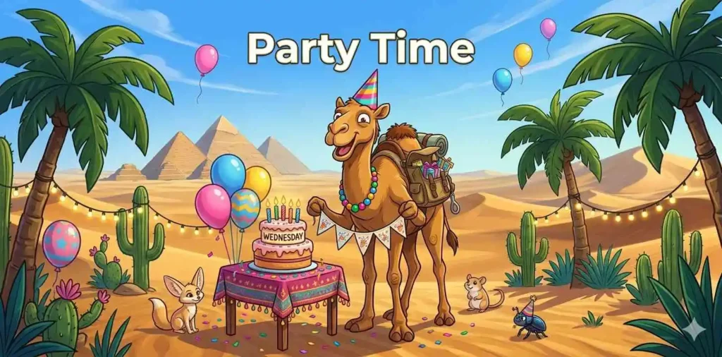 Camel celebrating birthday with cake and balloons