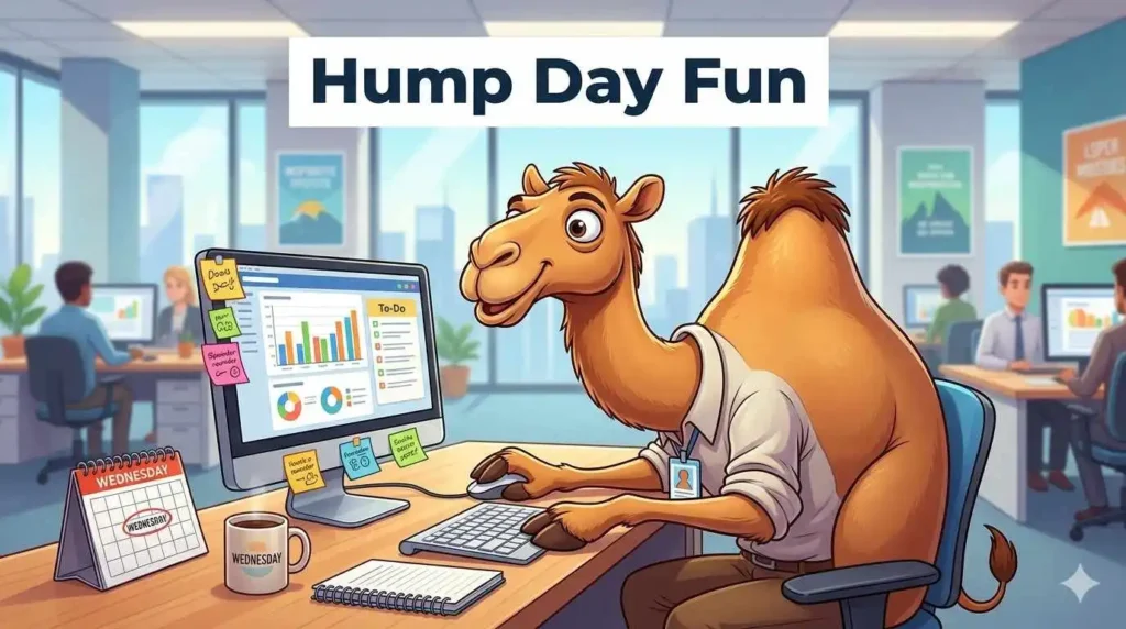 Camel celebrating hump day at office desk