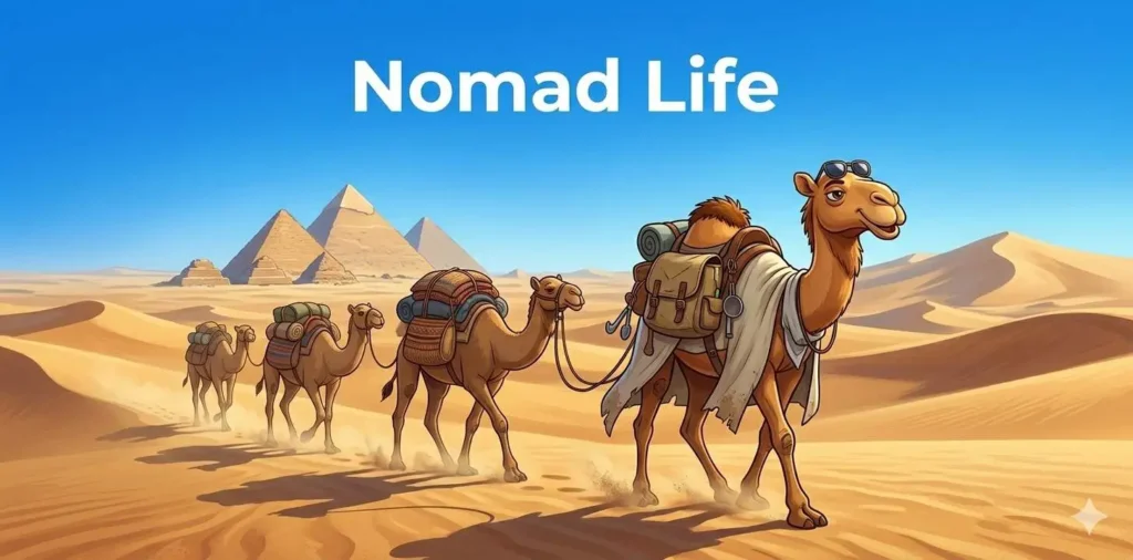 Camel caravan crossing desert dunes
