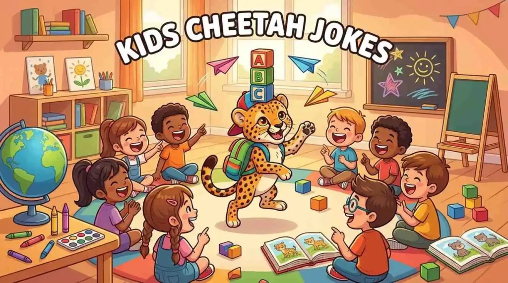 Cute cheetah entertaining happy children