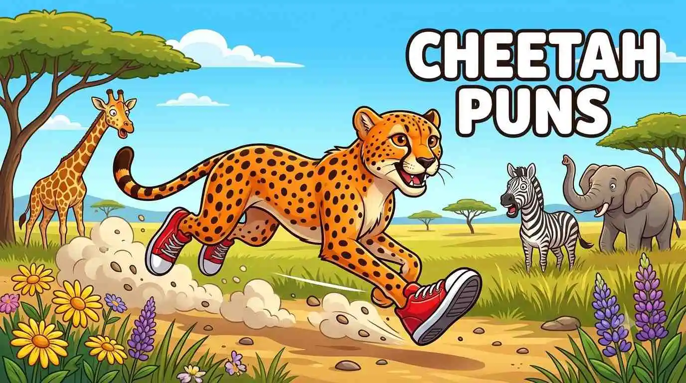 Cartoon cheetah making funny puns