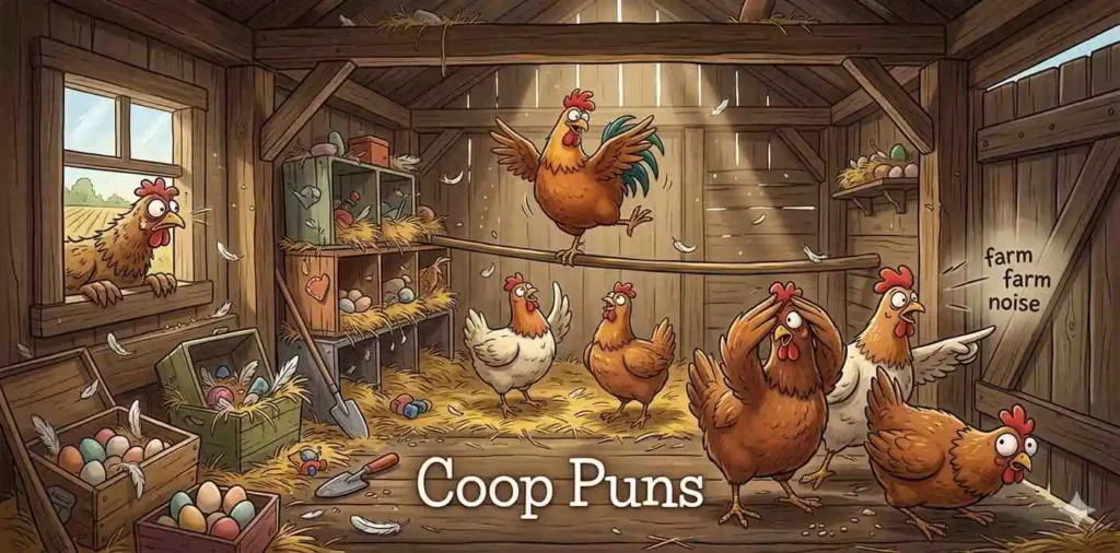 Funny chickens inside coop