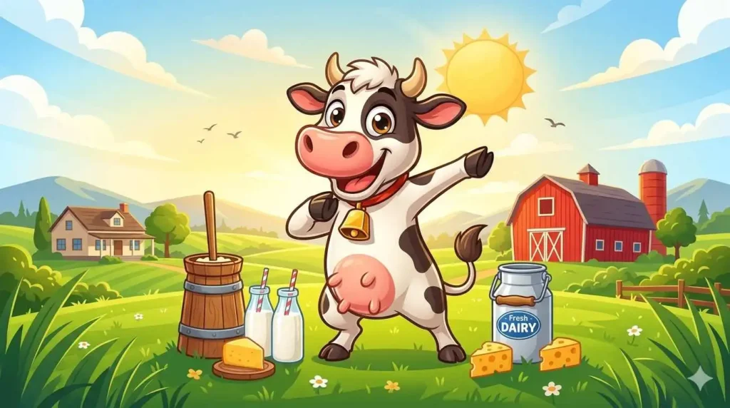 Cartoon cows in vibrant farm scene