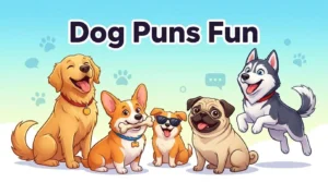 Cartoon dogs celebrating wordplay fun