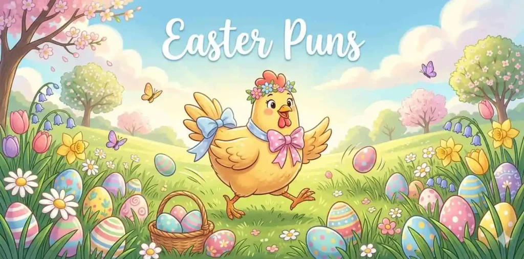 Cartoon chicken Easter egg hunt