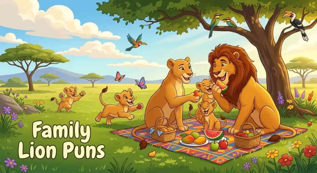 Happy lion family together