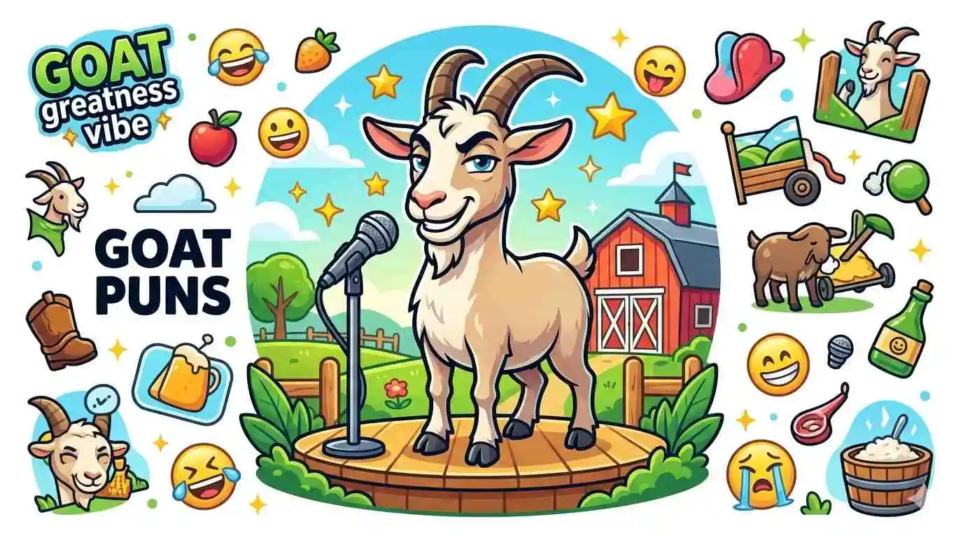 Colorful cartoon goats in funny pun-themed scene