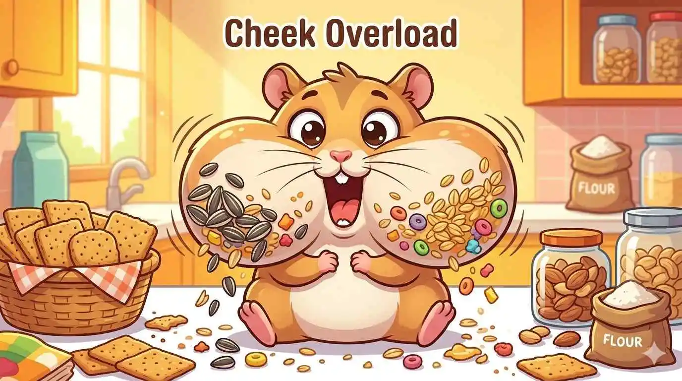 Cute hamster with stuffed cheeks overflowing seeds