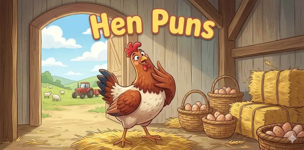 Cartoon hen laughing in barnyard