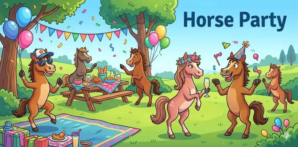 Cartoon horses dancing at party