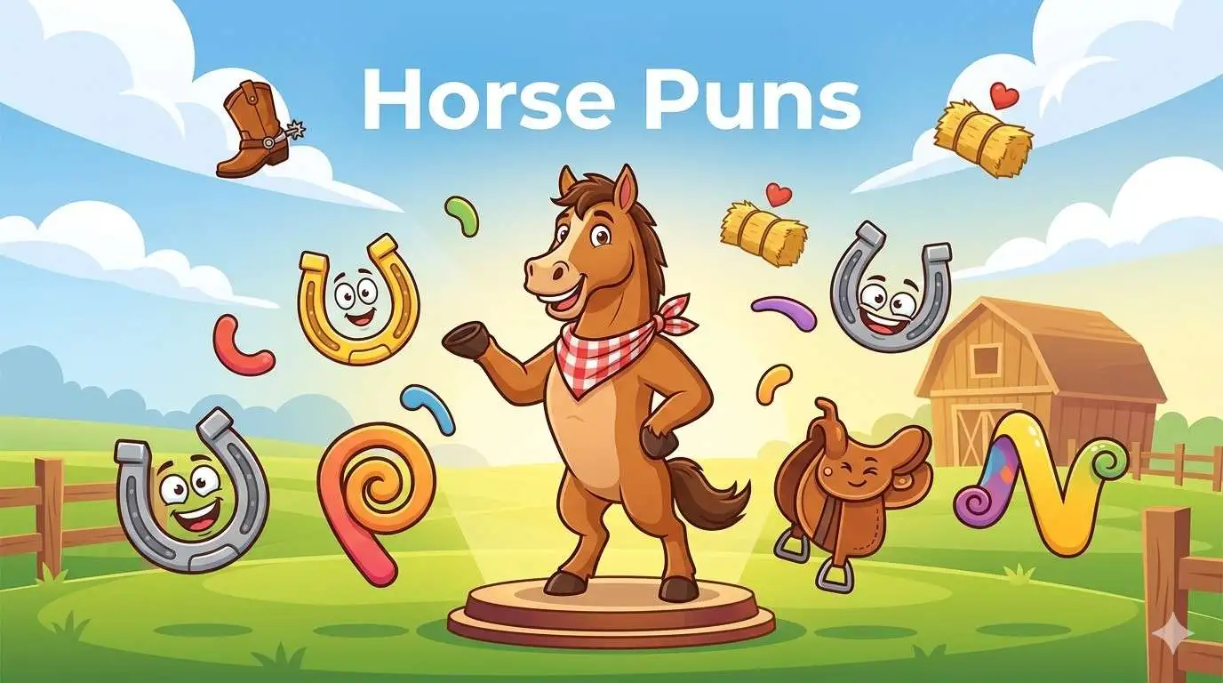 Funny cartoon horses celebrating puns