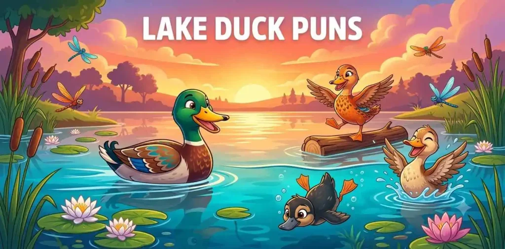 Cartoon ducks relaxing on lake
