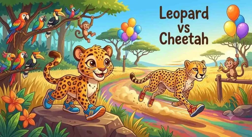 Leopard racing cheerful cheetah cartoon