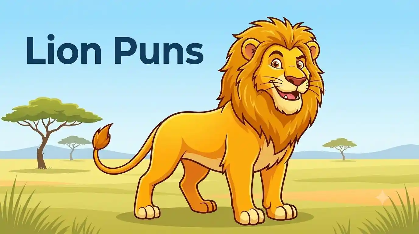 Funny cartoon lion smiling happily