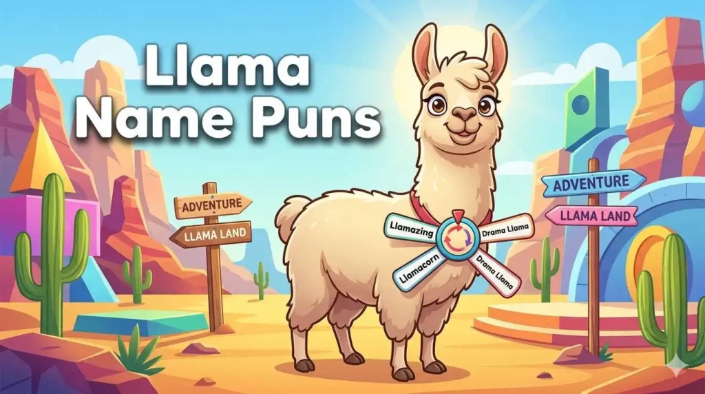 Colorful cartoon llama hero showcasing name puns