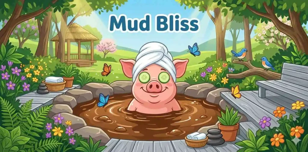 Cute pig enjoying mud bath spa