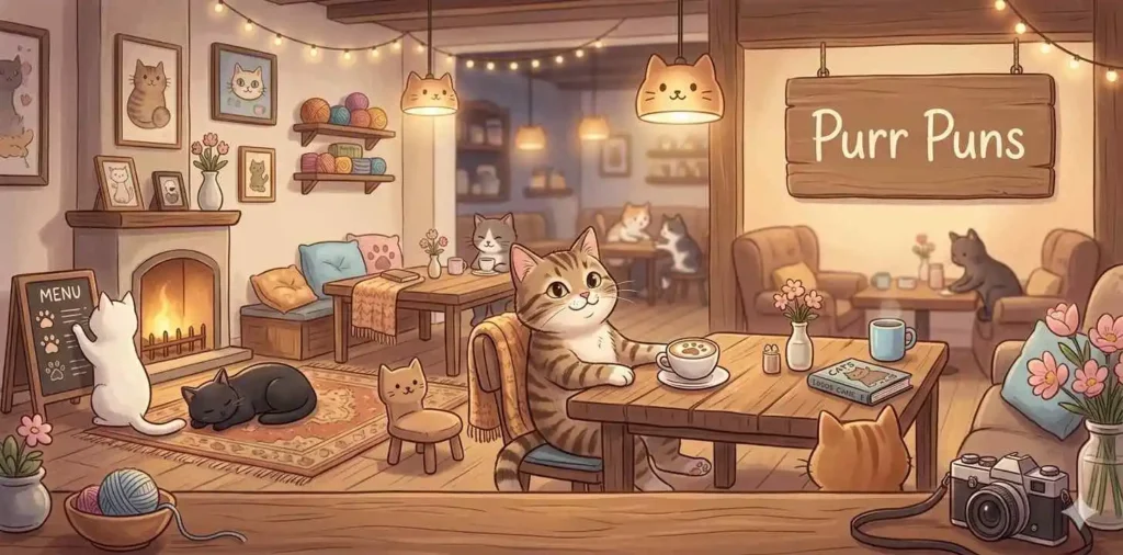 Cute cats in cozy cafe scene