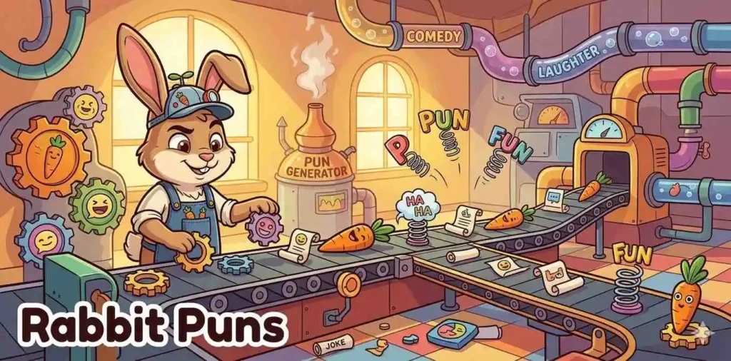 Funny rabbit in cartoon factory setting