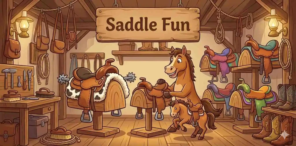 Funny saddle shop horse scene