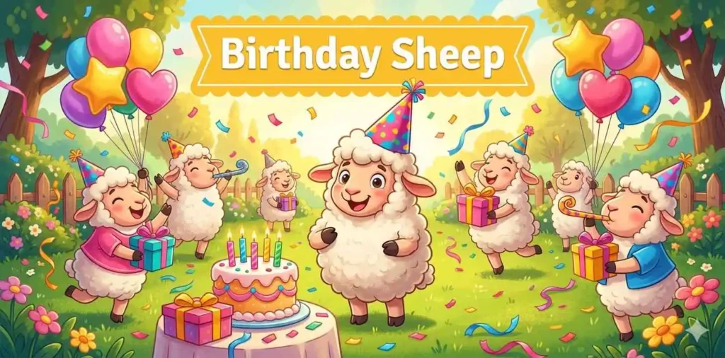 Sheep birthday party celebration scene