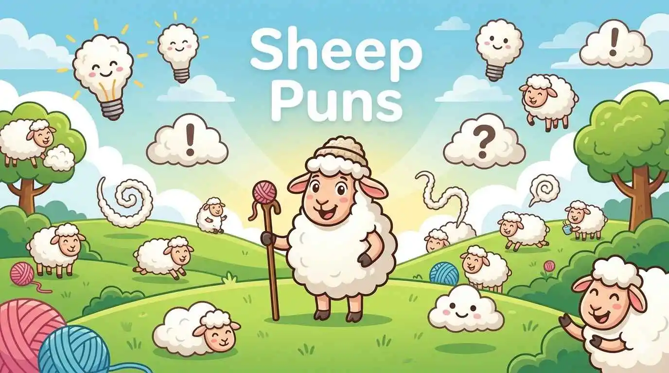 Cartoon sheep pun wonderland scene