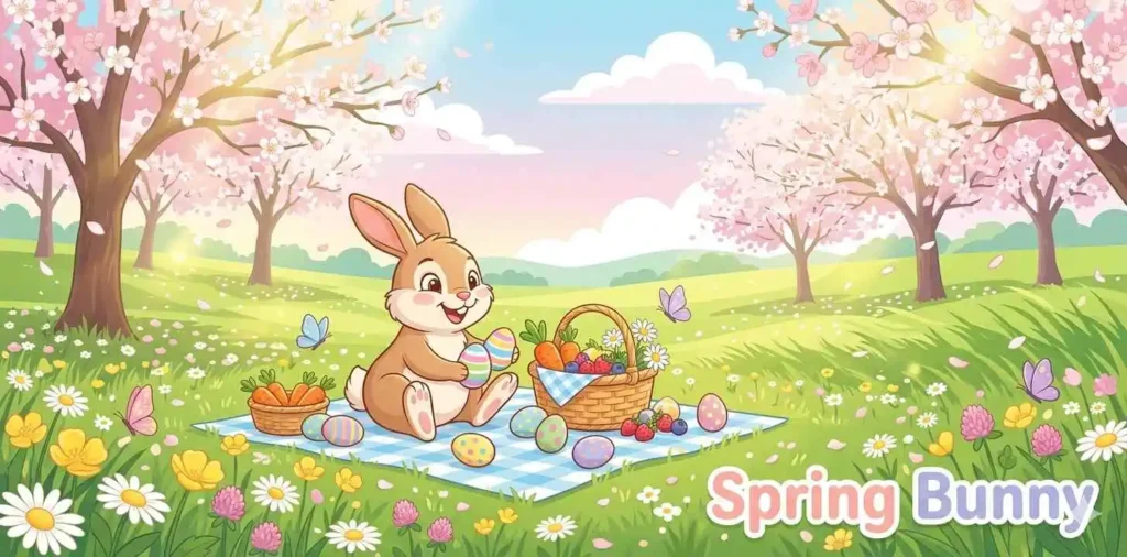 Cute bunny picnic in spring meadow