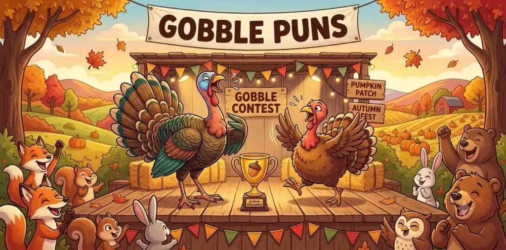 Cartoon turkeys competing in gobbling contest