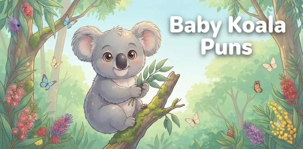Baby koala holding eucalyptus leaves