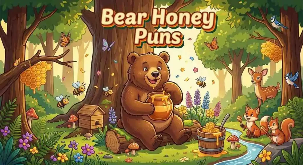 Happy bear enjoying honey