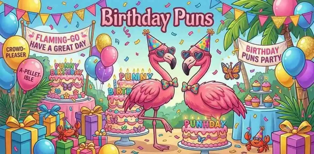 Happy flamingo celebrating birthday party.