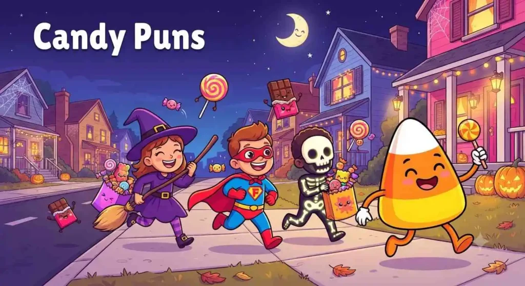Kids collecting candy on Halloween night