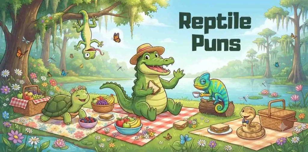 Happy reptiles together laughing
