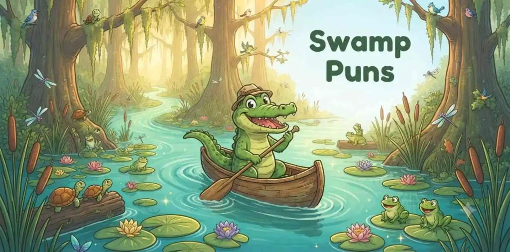 Funny alligator exploring colorful swamp