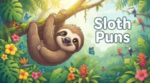 Smiling sloth hanging happily