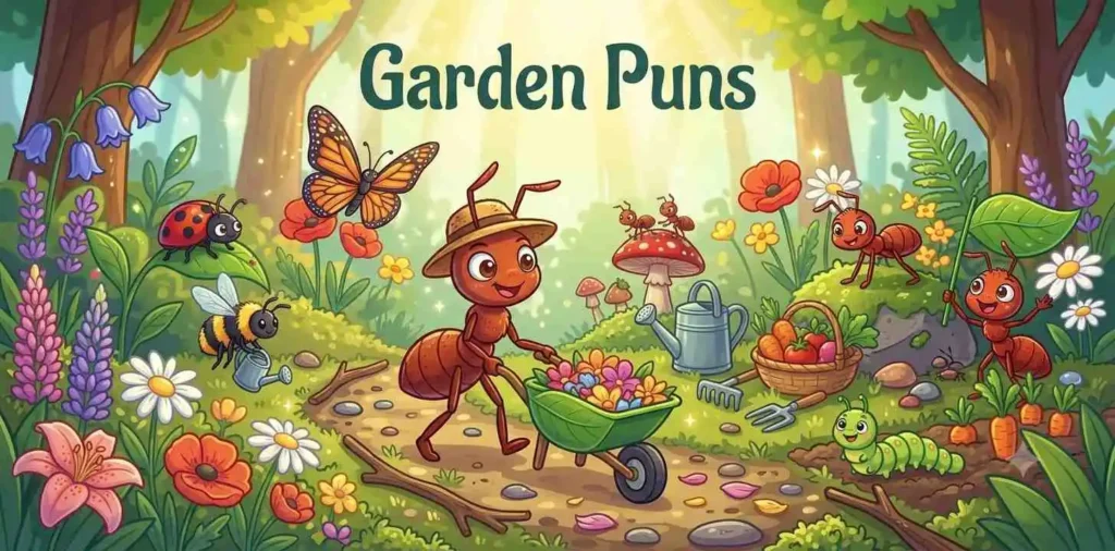 Cartoon ants exploring flower garden.