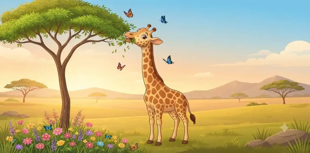Smiling giraffe eating leaves