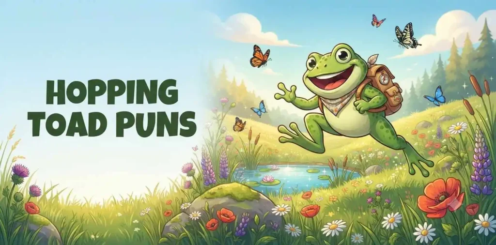 Funny cartoon toad jumping outdoors.