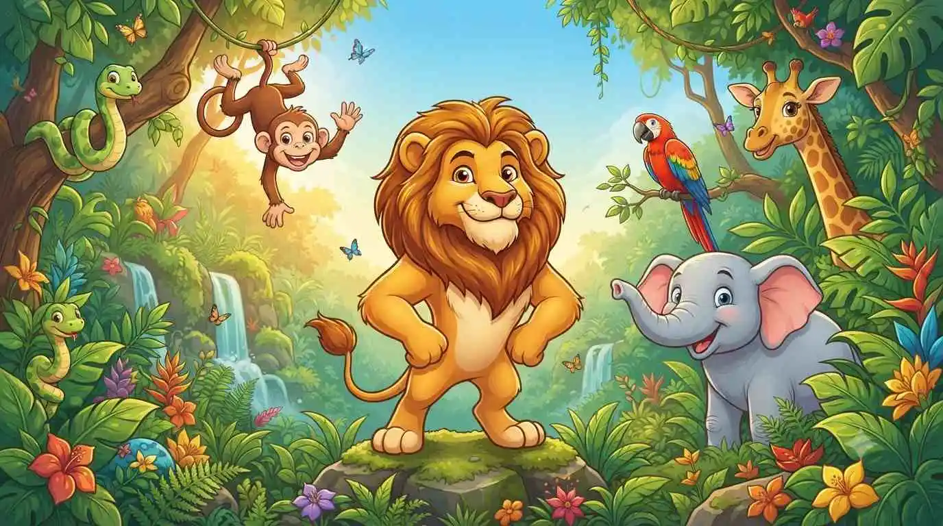 Happy jungle animals together