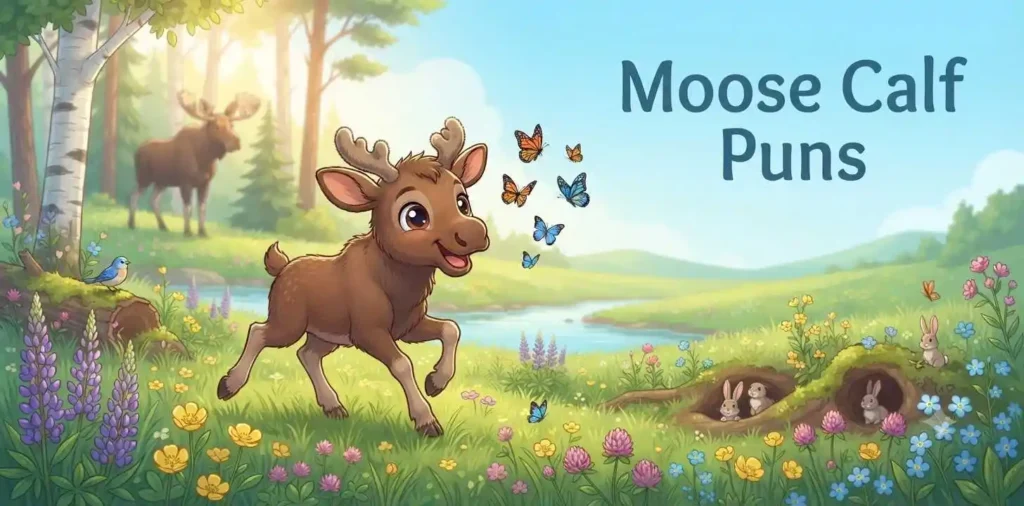 Cute baby moose playing outdoors