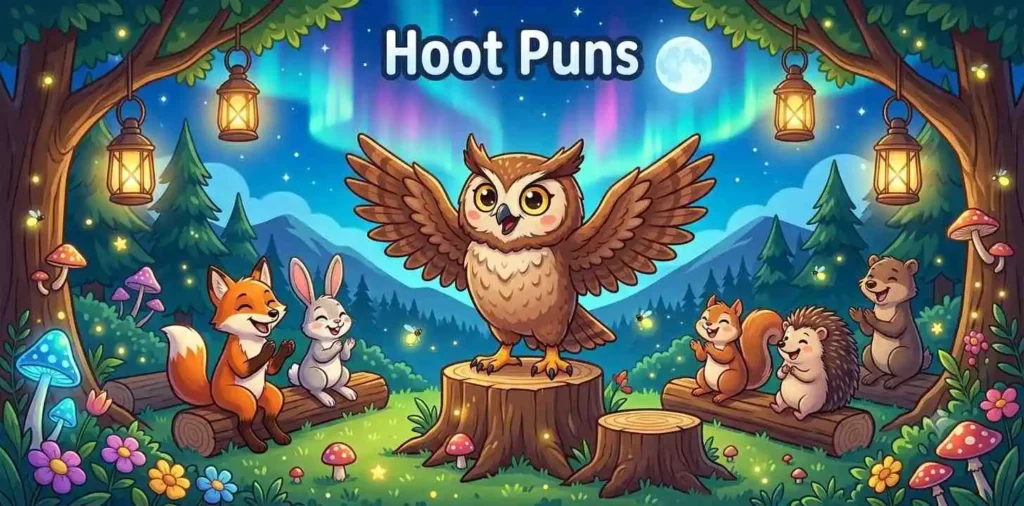 Happy owl hooting from tree.