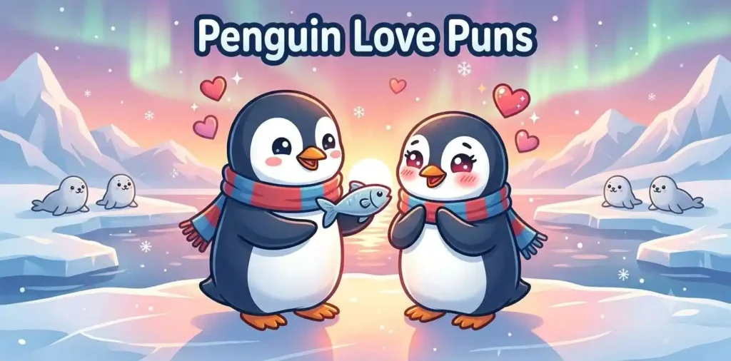 Romantic penguin couple sharing hearts