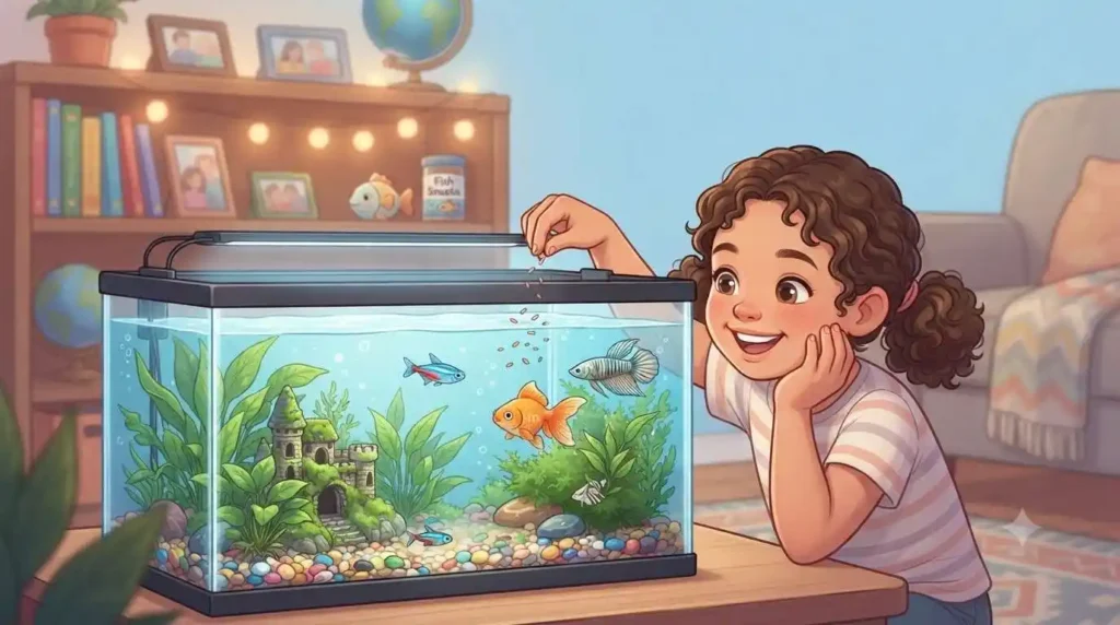 Fish owner enjoying aquarium