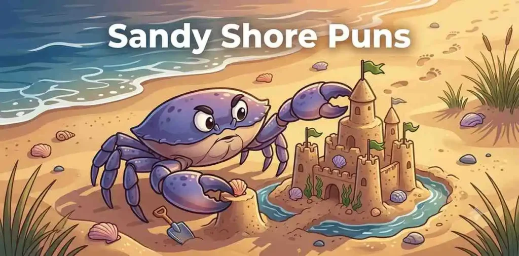 Funny crab building sandy shore castle