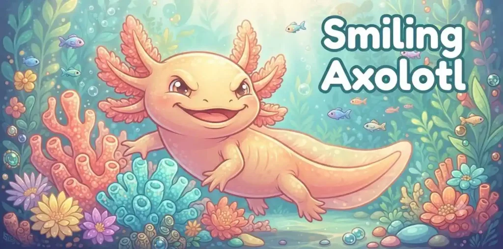 Smiling axolotl near plants