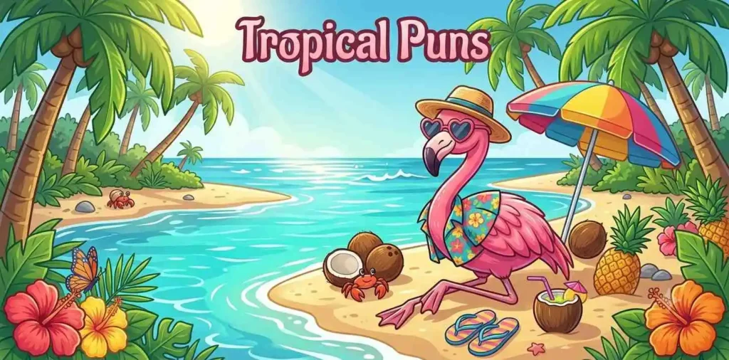 Tropical flamingo relaxing beside palm trees.