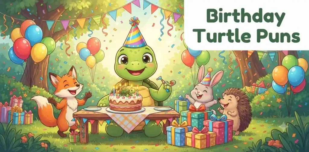 Funny turtle celebrating birthday with cake and balloons.