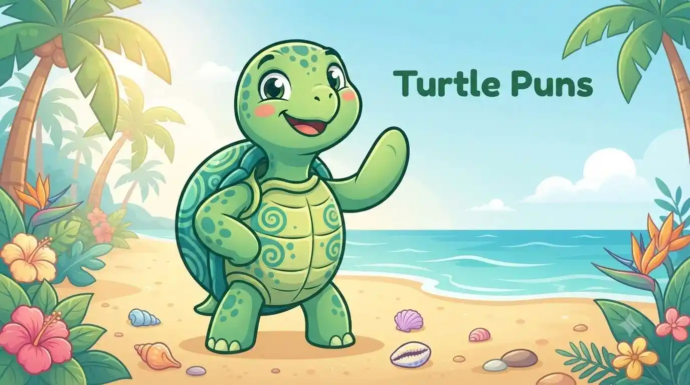 Turtle smiling with colorful props.