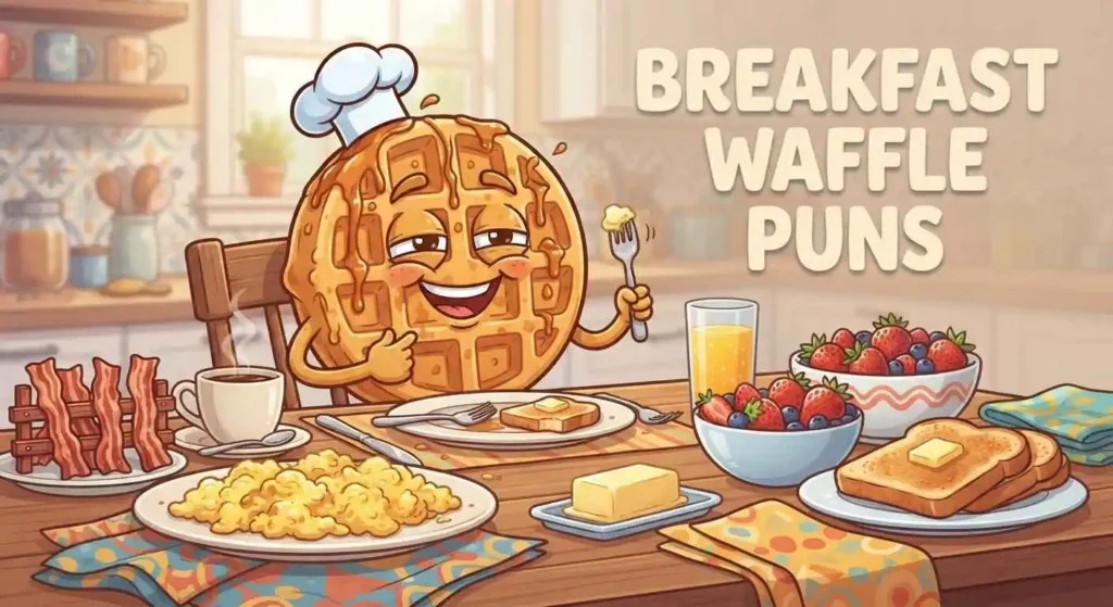 Funny waffle enjoying breakfast table
